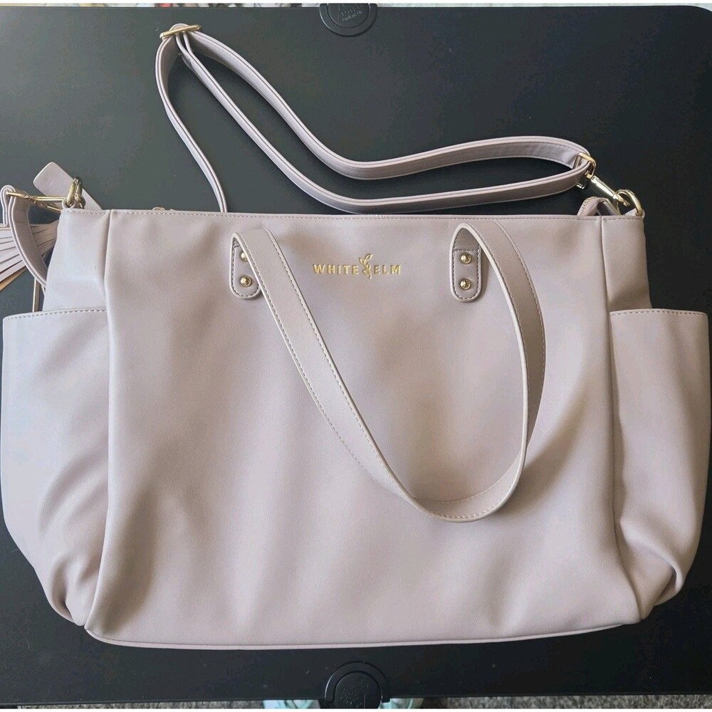 White Elm Pink Aquila Tote Bag Gold Lining Vegan Leather Laptop Pocket 21”X12”
